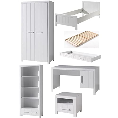 Vipack Erik Lit Simple + Sommier + Lit gigogne + Armoire + Chevet + Bureau + bibliothèque