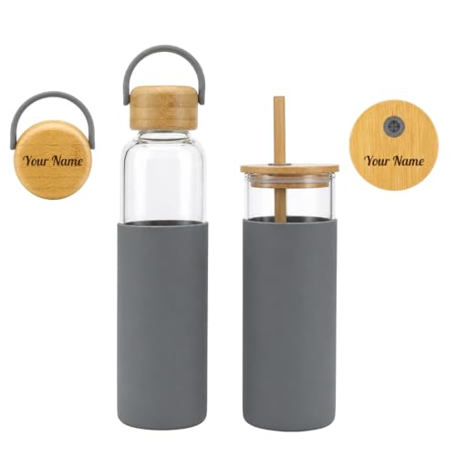 Image of Giftana Personalized Borosilicate Glass Water Bottle 500ml with Glass Sipper Tumbler 450ml, Reusable Leakproof Drinking Bottle with Silicone Sleeve, Eco-Friendly Bottle for Office Gym Travel (Grey)