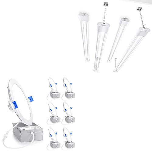 Ensenior 6 Pack 6 Inch Ultra-Thin Led Recessed Light With Junction Box, 2700K Soft White & 4 Pack Linkable Led Utility Shop Light, 4 Ft, 4400 High Lumen, 5000K Daylight, White #TOP21