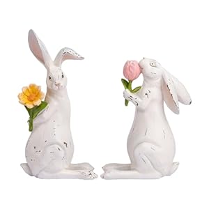 Valery Madelyn Easter Bunny Decorations for Home Medium White Couple Rabbits Figurine Tabletop Decor 2Pcs Cute Easter Gifts Resin Statues for Spring Holiday Indoor Party Table Centerpieces 6