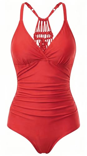 Image of Firpearl Women's Tummy Control One Piece Bathing Suits V Neck Swimsuits Hand-Braid Macrame Ruched Slimming Swimwear