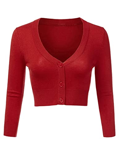 Irevial Boléro Femme Manches Longues Tricot Cardigan Respirant Gilet Femme Veste avec Boutons Tops Rouge,L