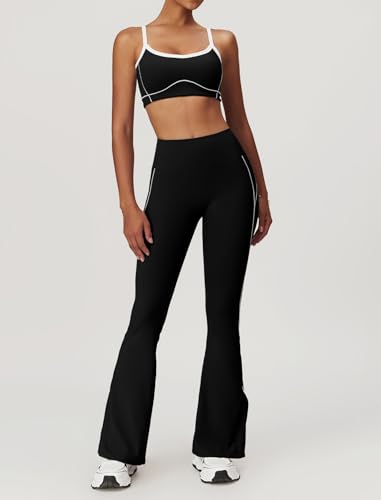 OMEWEE Yoga sets for women 2 piece Fashion contrasting lines Sports Bra and High Wasit Split hem Flared Leggings Black M — view 2