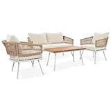 Trygoal 4-Piece Rope Outdoor Furniture Set - Patio Conversation Sofa Set with Acacia Wood Table, Metal Furniture with Deep Seating & Thick Cushion for Backyard, Balcony, Deck, Beige