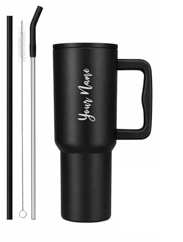 Personalised with Your Name, 1200ml Tumbler with Straw - Handle – Stainless Steel Double Wall Insulated Cup | Leakproof Sipper Mug for Hot - Cold Drinks | Coffee - Water Tumbler (Black castom)