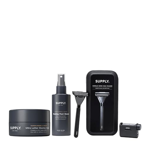 SUPPLY Single Edge Max Shaving Starter Kit for Men – Includes Safety Razor in Jet Black, 8 Black Label...