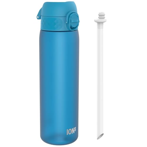 Ion8 500ml Water Bottle, Leak Proof & BPA-Free Drinking Bottle with Straw, Triple Lock Lid to Prevent Spills & Integrated Handle, Carbon Neutral, 500ml/18oz, Recyclon, Blue with Straw