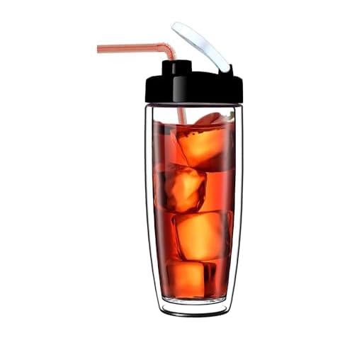 Sun's Tea Arco 16oz Vacuum Insulated Double Wall Glass Tumbler with Drink Hole Lid, Iced Tea or Hot Coffee, Water Bottle Travel Mug - Car Cupholder Friendly (Real Glass, Not Plastic) Cover