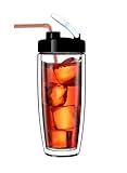 Sun's Tea Arco 16oz Vacuum Insulated Double Wall Glass Tumbler with Drink Hole Lid, Iced Tea or Hot Coffee, Water Bottle Travel Mug - Car Cupholder Friendly (Real Glass, Not Plastic)