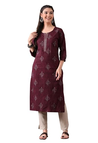 Image of Ichaa Women's Pure Cotton Embroidered Round-Neck Ethnic Kurta with 3 /4th Sleeve for Daily and Office Wear, in Plus Sizes