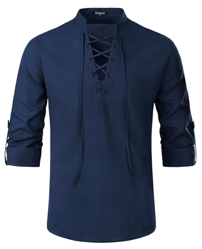 Enlision Camisas de Lino para Hombre Camisa Henley con cordón Retro Medieval Renacimiento Punk Camisas Ghillie escocesas Disfraz de Pirata Azul Marino XL