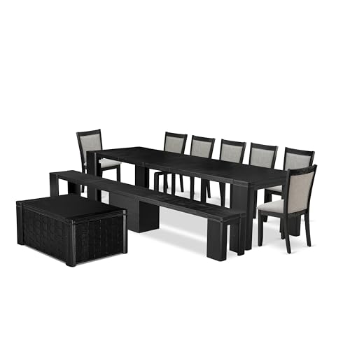 Image of Luxe East West Furniture X07MZ-BC6-06 10-pc Dining Table Set a Rectangular Xtenczar Kitchen Table with Coffee Table and Wooden Benches and 7 Shitake Linen Fabric Dining Chair, Wire Brushed Black