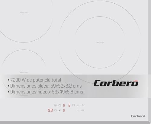 Corberó - Placa Inducción | 3 Zonas | CCIM3720W | Potencia 7200W | Touch Control | 3 Boosters | Zona Grande 30cm | Bordes Biselados | Temporizador | Desconexión Automática de Seguridad | Blanco - imagen 3