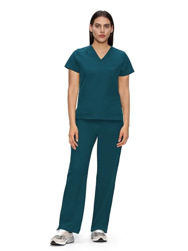 floralhue Scrubs for Women, V-Neck Scrubs Top & Cargo Pants with 12 Pockets, Yoga Waistband, 4 Way Stretch, Caribbean Blue, S