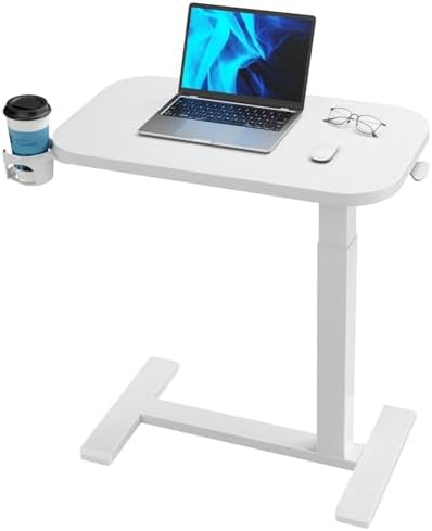 HUANUO Höhenverstellbarer Beistelltisch mit Rollen, 80x45cm | Mobiler pneumatischer Laptoptisch, Becherhalter, höhenverstellbar, ideal für Homeoffice & Büro, leichtgängige Rollen