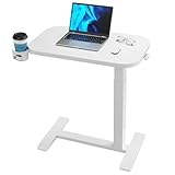 HUANUO Beistelltisch mit Rollen,Höhenverstellbarer Beistelltisch mit 70 x 40 cm große Tischplatte,Mobiler pneumatischer Kleiner Laptoptisch mit Becherhalter für Homeoffice, weiß