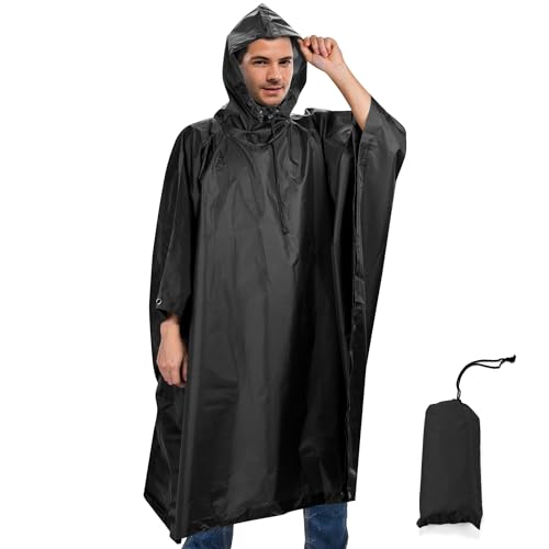 Sensong Rain Poncho Waterproof Rain Cape with Hood Multifunctional Raincoat Reusable Rain Clothing Foldable Ripstop Women Men for Hiking Hunting Camping Fishing Daily Use Dark, Black Dark, One Size
