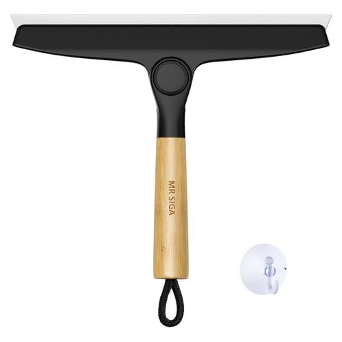 MR.SIGA Shower Squeegee, Pivoting Window Squeegee with Bamboo Handle, Shower Cleaner with Sticky Hook for Kitchen, Mirror, Window and Glass Cleaning, 10 inch, Black