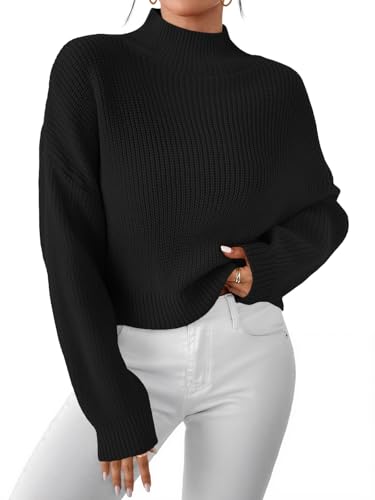 LILLUSORY Womens Turtleneck Mock Cropped Sweaters Winter Cute Oversized Knit Trendy Tops Fashion Long Sleeve Fall Clothes Black XS