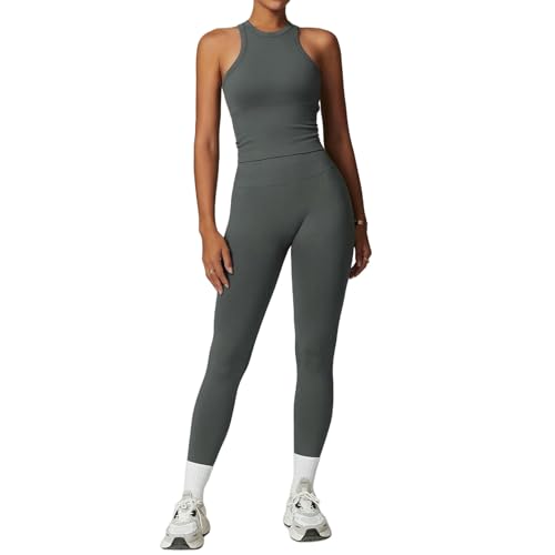 WANGSHUO Pantalon Femme 2pcs Set Gym Vêtements De Athletic Wear Yoga Costumes for Women Fitness Tracksuit Sports Bra Leggings Sports-Gris-s
