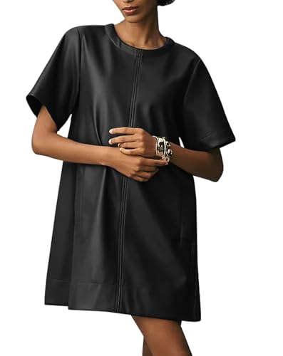 Women Faux Leather Mini Dress Short Sleeve Crew Neck A Line Flowy Swing PU Party Dress with Pockets