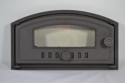 SEZAM Porta del forno in ghisa con piano in vetro resistente al calore, apertura a sinistra, porta del forno per pizza – forno per il pane, 48,5 x 6,5 x 27,5 cm – semicircolare, pittura color grafite