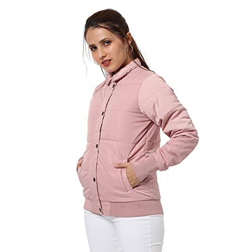 Image of PINACOLADA Women's Pink Puffer Regular Fit Bomber Jacket For Winter Wear | Standing Collar | Full Sleeve | Buttoned | Casual Jacket For Woman & Girl | Western Stylish Jacket For Women