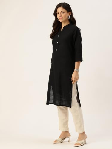 Image of feranoid Women's Plain Cotton Kurta with Mandarin Collar, 3 /4 Sleeves & Pocket