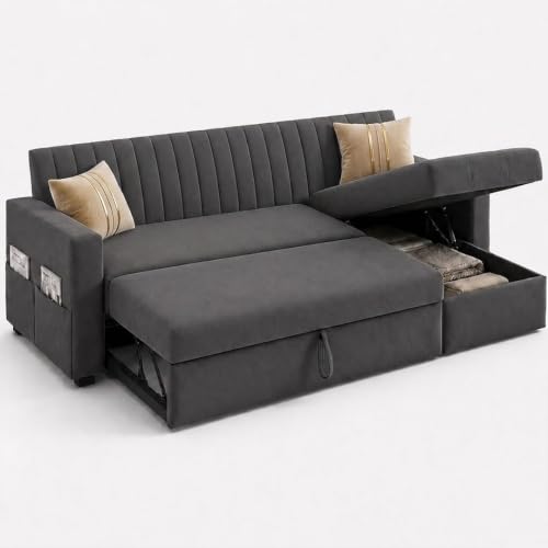 Image of CASASTYLE Kyagar 4 Seater RHS L Shape Sofa with Pull Out Bed & Storage Lounger | Premium Soft Velvet Suede Fabric | Comfort Cushions | Ideal for Living Room, Hotel & Office (Dark Grey)