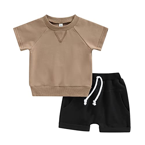 Image of Karesoull Summer Baby Boy Clothing Short Sleeve T-shirt Tops & Shorts 2Pcs Casual Outfit 0-3 Years Toddler Boy Clothes Set Pure Coffee & Black 6-12 Months karehg-KH-wd