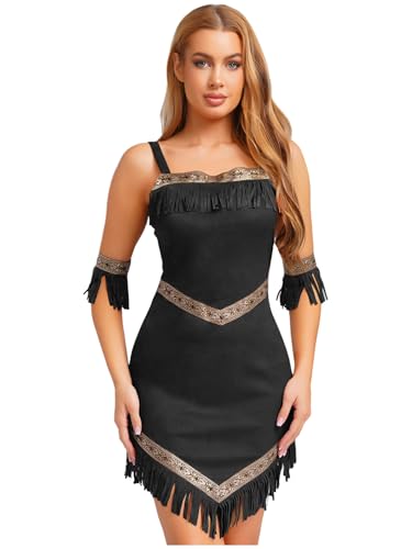Linjinx Womens 2pcs Faux Suede Native American Indian Princess Dresses Pocahontas Costume for Halloween Party Black Medium