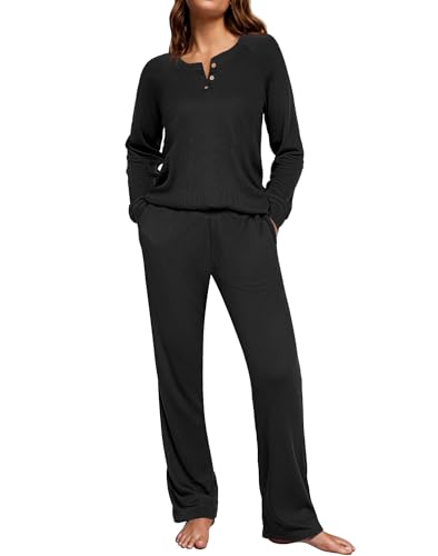 Ekouaer Waffle Knit Pajamas for Women Set Long Sleeve Pants Pj Henley Tops Lounge Sets Comfy Sleepwear with Pockets Black M