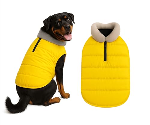 Image of The Pets Company Dog Winter Coat Jacket, Clothes, Windproof, Waterproof, Light Weight, Washable, Ultra Warm Thick Fleece Lined Dog Vest for Cold Weather Protection, (Yellow, X-Large - 28 Inch)