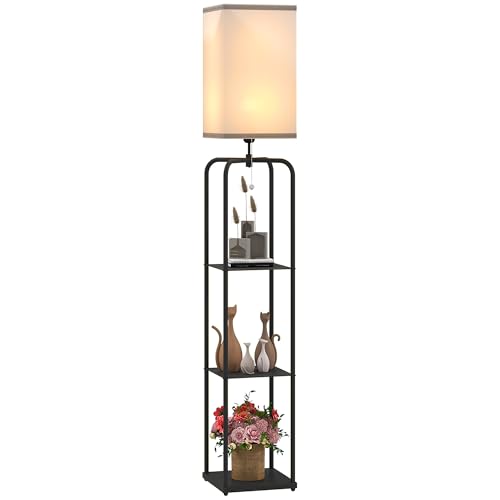 HOMCOM Lampadaire sur pied salon, lampe salon moderne, lampadaire avec étagères, abat-jour en tissu, interrupteur à chaînette pour chambre à coucher, bureau,...