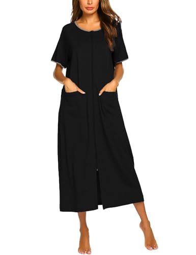 Image of Ekouaer Women Robe Zipper Short Sleeves Full Length House Coat with Pockets