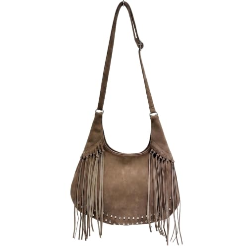 Image of Women Vintage Suede Fringe Hobo Bag Tote Shoulder Bag Crossbody Bag and Hippie Western Cowgirl Purse Shoulder Bag