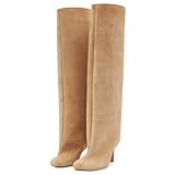 UBWDU Wide Calf Knee High Boots Women Tall Boots Suede Square Toe Stiletto Suede Boots High Heel Long Booties Nude 7.5