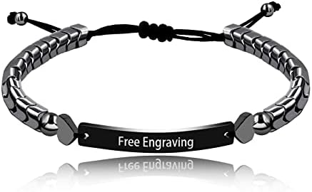 Customized Name ID Bracelets for Men Women Best Friend, Black Hematite Stone Bracelets for Men Personalized Name with Black Stainless Steel Engraving Plate Y1451