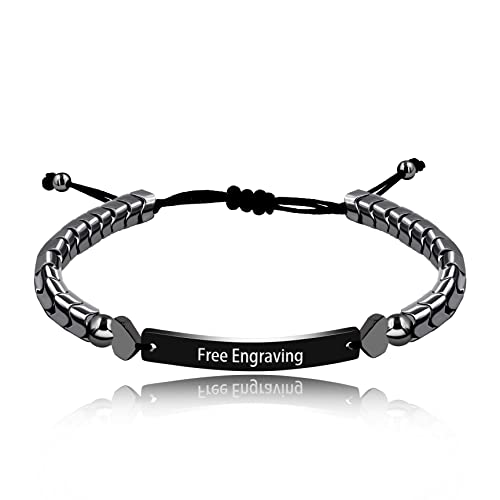 Customized Name Id Bracelets For Men Women Best Friend, Black Hematite Stone Bracelets For Men Personalized Name With Black Stainless Steel Engraving Plate Y1451 #TOP2