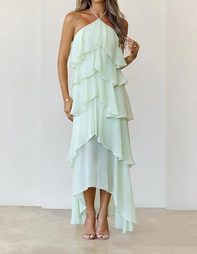 Halter Ruffles Bridesmaid Dresses Chiffon Tiered High Low Sleeveless Pleated Long Formal Party Evening Gowns2