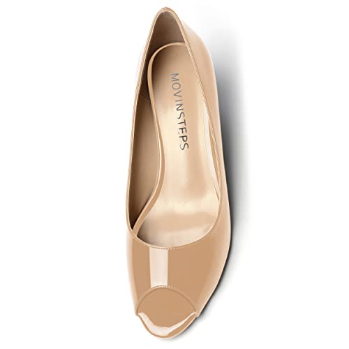 MOVINSTEPS Womens Patent Peep Toe Fashion Slip On Party Open Toe Wedge Low Heel Pumps Shoes 2 Inch3