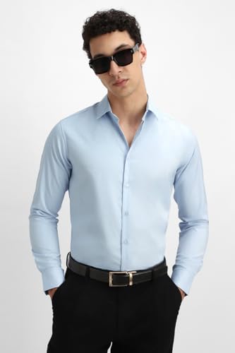 Image of SNITCH Men Formal Shirt | Tailored Slim Fit Full Sleeve Spread Collar Solid Style | Breathable Polyester Viscose Blend Twill Fabric for Office & Evening
