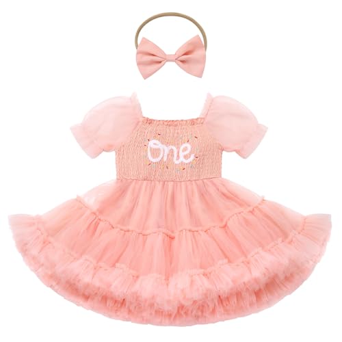 ODASDO Baby Girls Donut First Birthday Outfit Puff Short Sleeve Smocked Ruffled Tulle Tutu Princess Dress with Headband