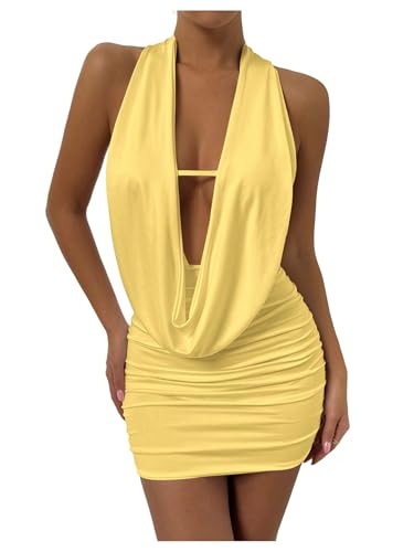 Image of SOLY HUX Women's Sexy Deep V Neck Halter Bodycon Mini Dress Sleeveless Party Club Dresses