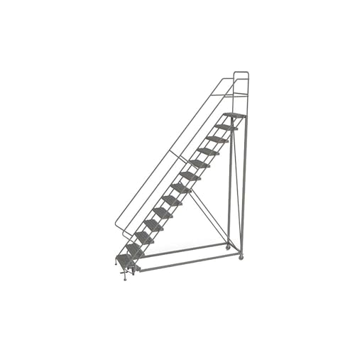 Image of Tri-Arc KDEC113242 13-Step Forward Descent Safety Angle Steel Rolling Industrial and Warehouse Ladder with Grip Strut Tread, 24-Inch Wide Steps