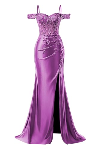 Image of Mermaid Satin Prom Dresses 2026 Lace Applique Off Shoulder Formal Evening Gown with Slit