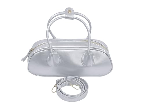 Silver Tote Bag for Women, Small Vegan Leather Shoulder Bag with Zipper, Elegant Evening Purse for Wedding Party