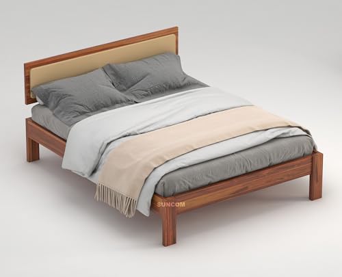 Image of SUNCOM Wooden Queen Size Bed for Bedroom | Wooden Double Bed | Platform Cot Bed with Upholstered Cushioned Headboard | 6.5 x 5 Ft | Sheesham Solid Wood, Honey Finish