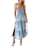 Sexyshine Women's Smocked Tube Top Ruffle Denim Maxi Dress Strapless Off Shoulder Flowy Tiered A Line Bandeau Jean Dress(26148BE,L)