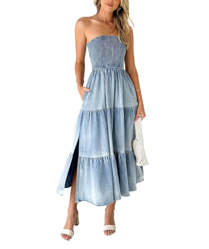 Sexyshine Women's Smocked Tube Top Ruffle Denim Maxi Dress Strapl...